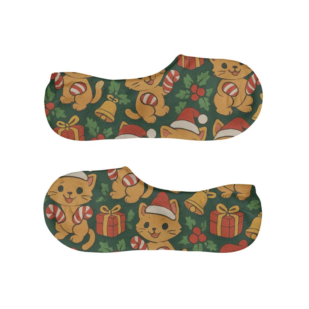 Candy Cane Cat Mittens Tessellation On Deep Evergreen Background low cut no-show socks