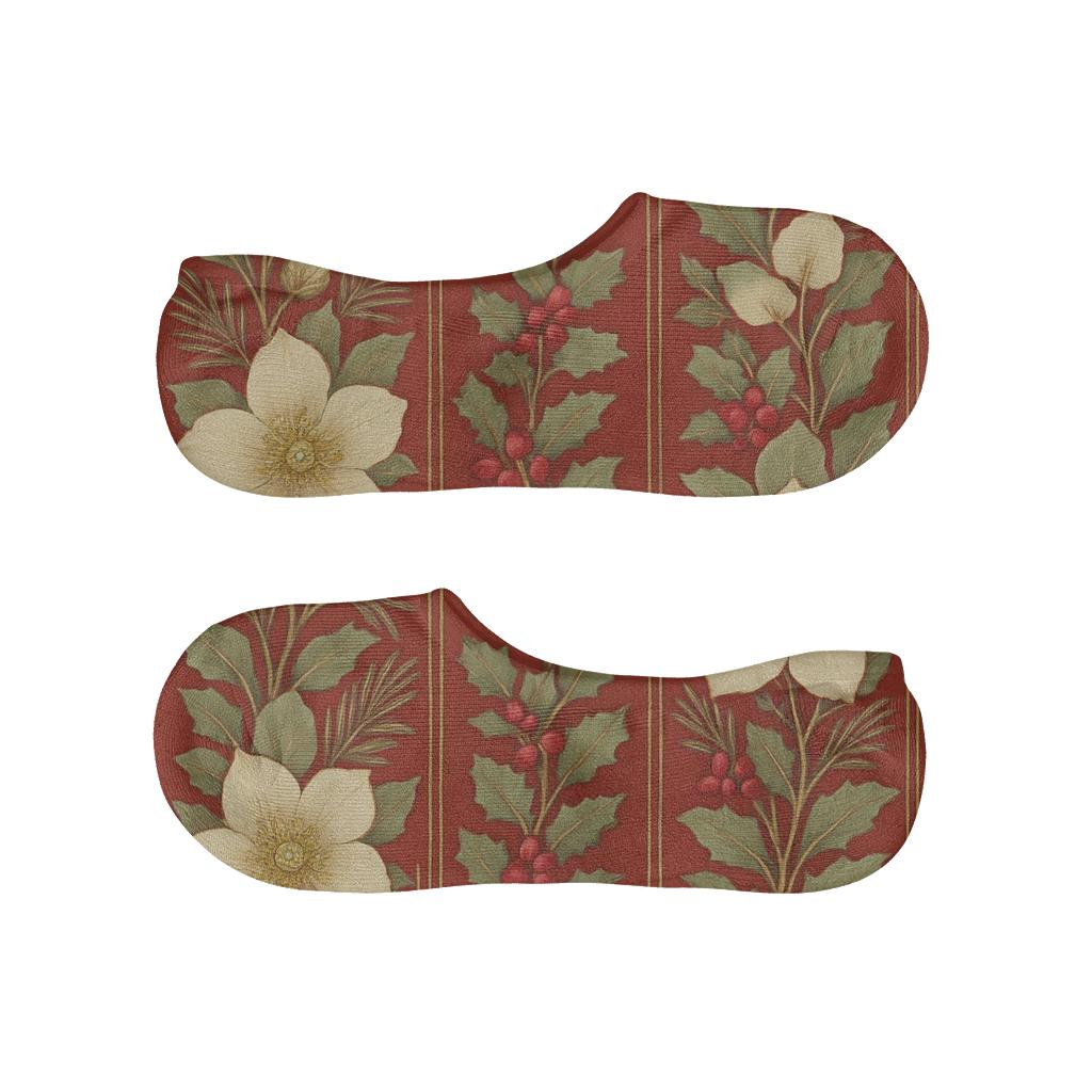 Ivory Christmas Rose Garland Stripe On Warm Red Background custom no-show socks
