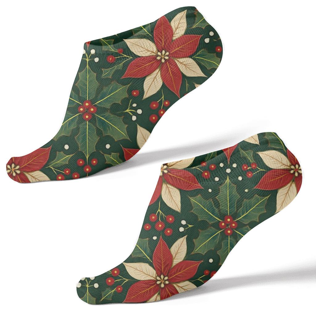 Crimson Poinsettia Snowflake Lattice On Midnight Green Background comfortable cotton ankle socks