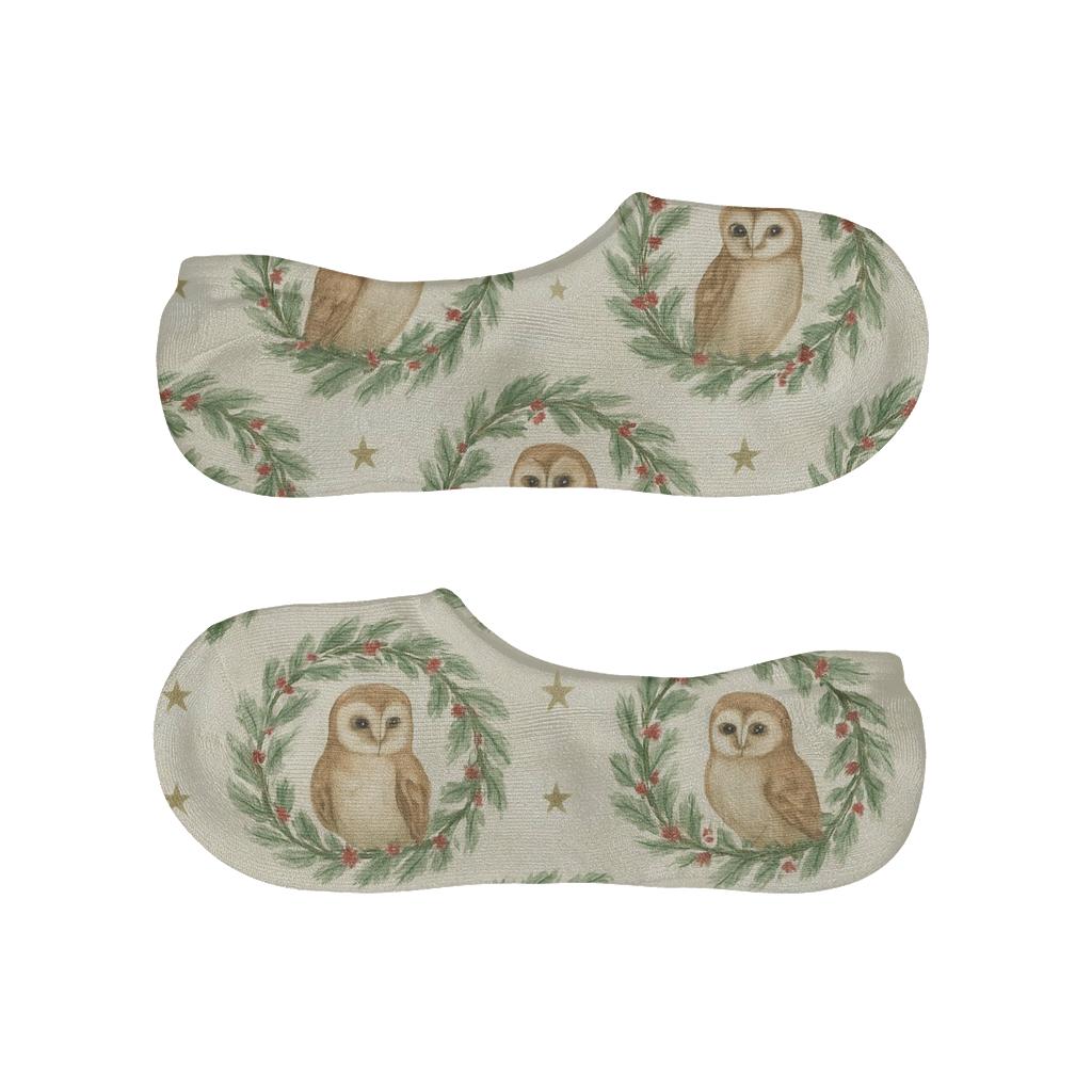 Watercolor Owl Wreath Medallions On Soft Ivory Background breathable no-show socks
