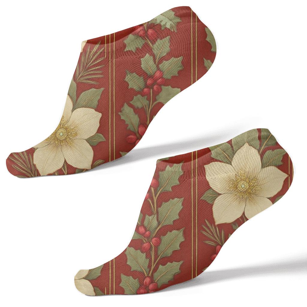 Ivory Christmas Rose Garland Stripe On Warm Red Background personalized ankle socks