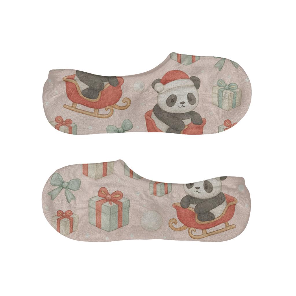 Pastel Panda Sleigh Ride Scatter On Light Pink Background low cut no-show socks