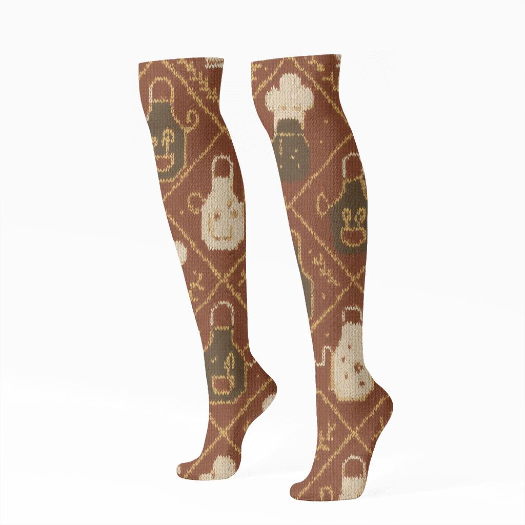 Knitted Illusion Apron Tiles Chef designer print knee-high socks