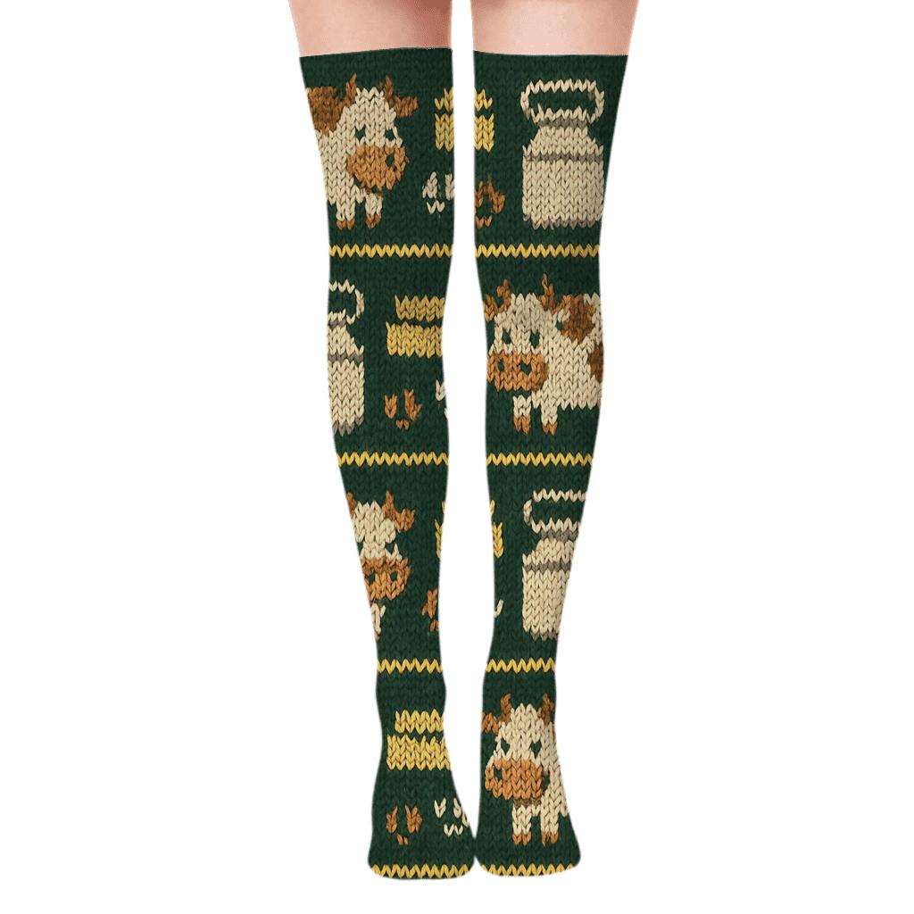 Knitted Illusion Cow Meadow Fair Isle premium cozy over-the-knee socks