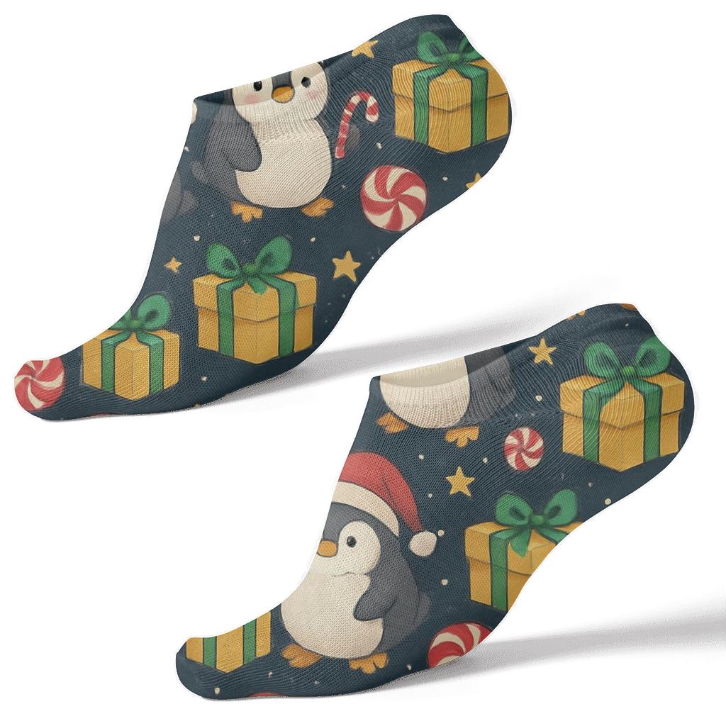 Candy Cane Penguin Parade Tessellation On Deep Navy Background trendy patterned ankle socks