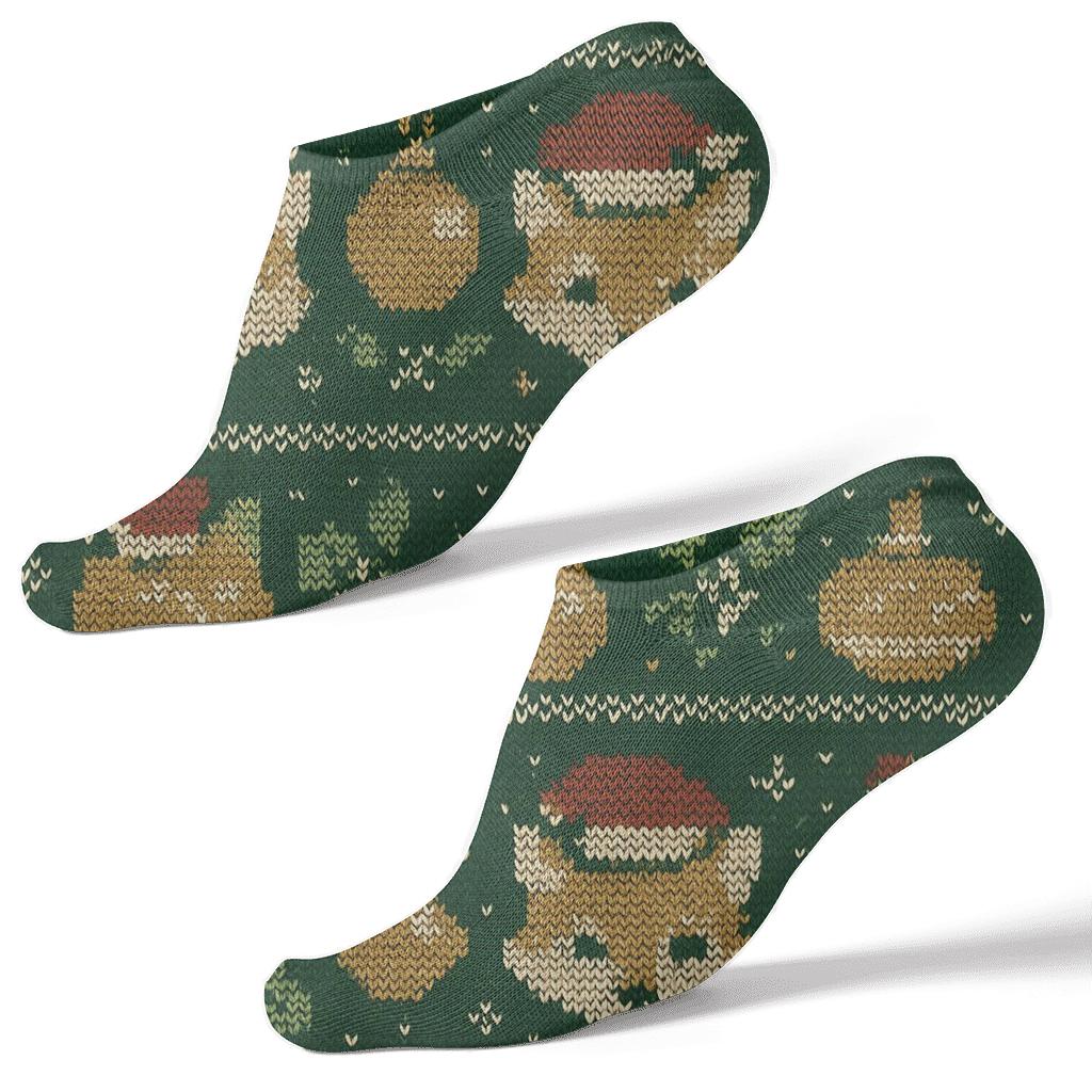 Cozy Knitted Fox And Ornament Fair Isle Bands On Forest Green Background stylish athletic ankle socks