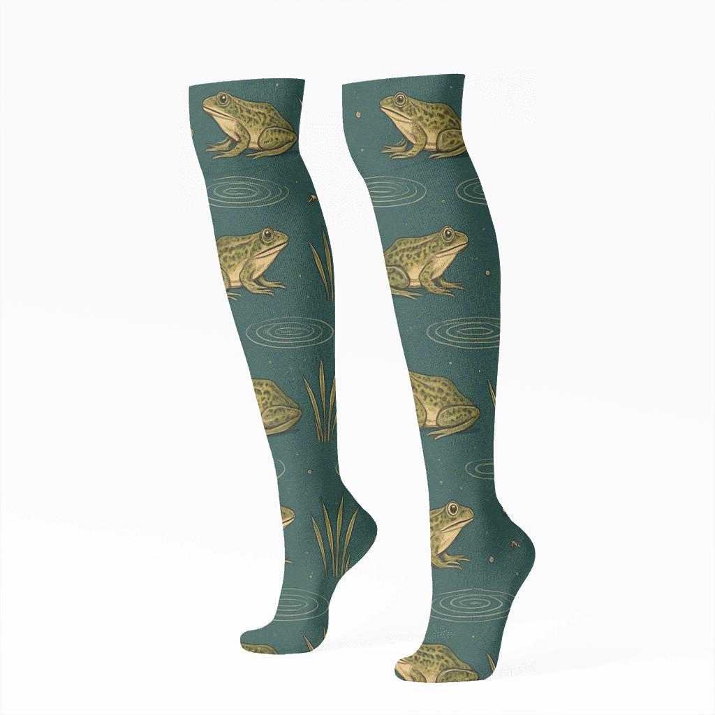 Reed Band Frog Rhythm On Deep Teal comfortable cotton knee-high socks