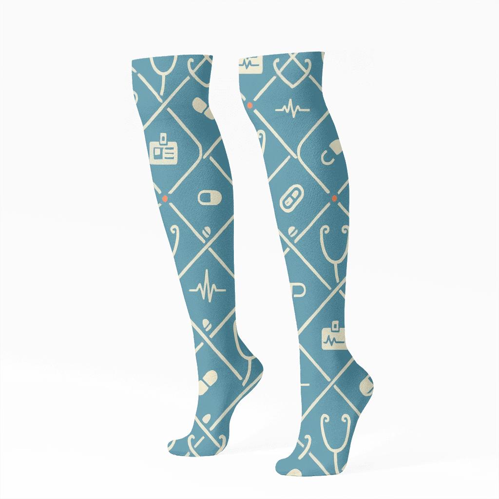 Scrub Blue Stethoscope Lattice, Nurse Edition designer print knee-high socks