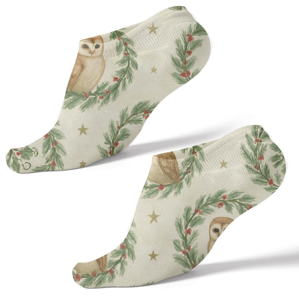Watercolor Owl Wreath Medallions On Soft Ivory Background trendy patterned ankle socks