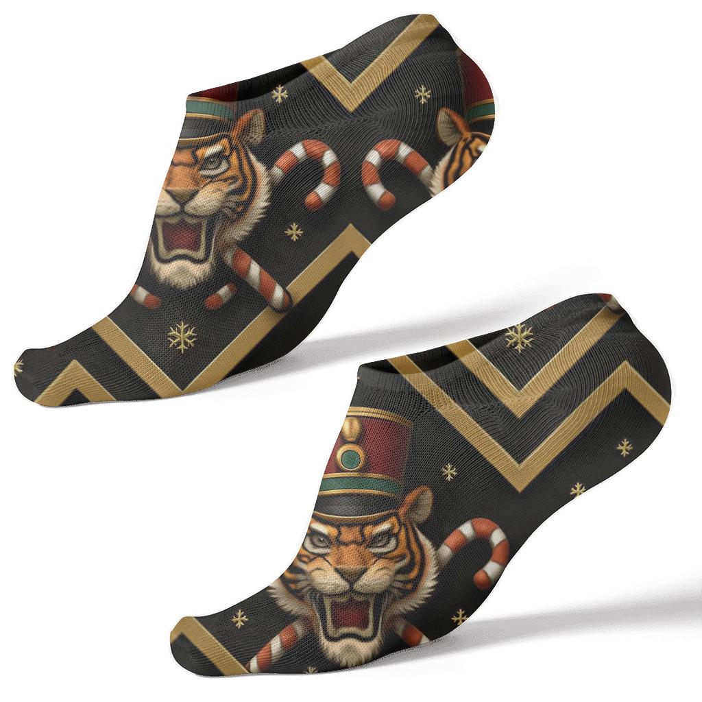 3D Tiger Nutcracker Chevron On Black Background unique graphic ankle socks