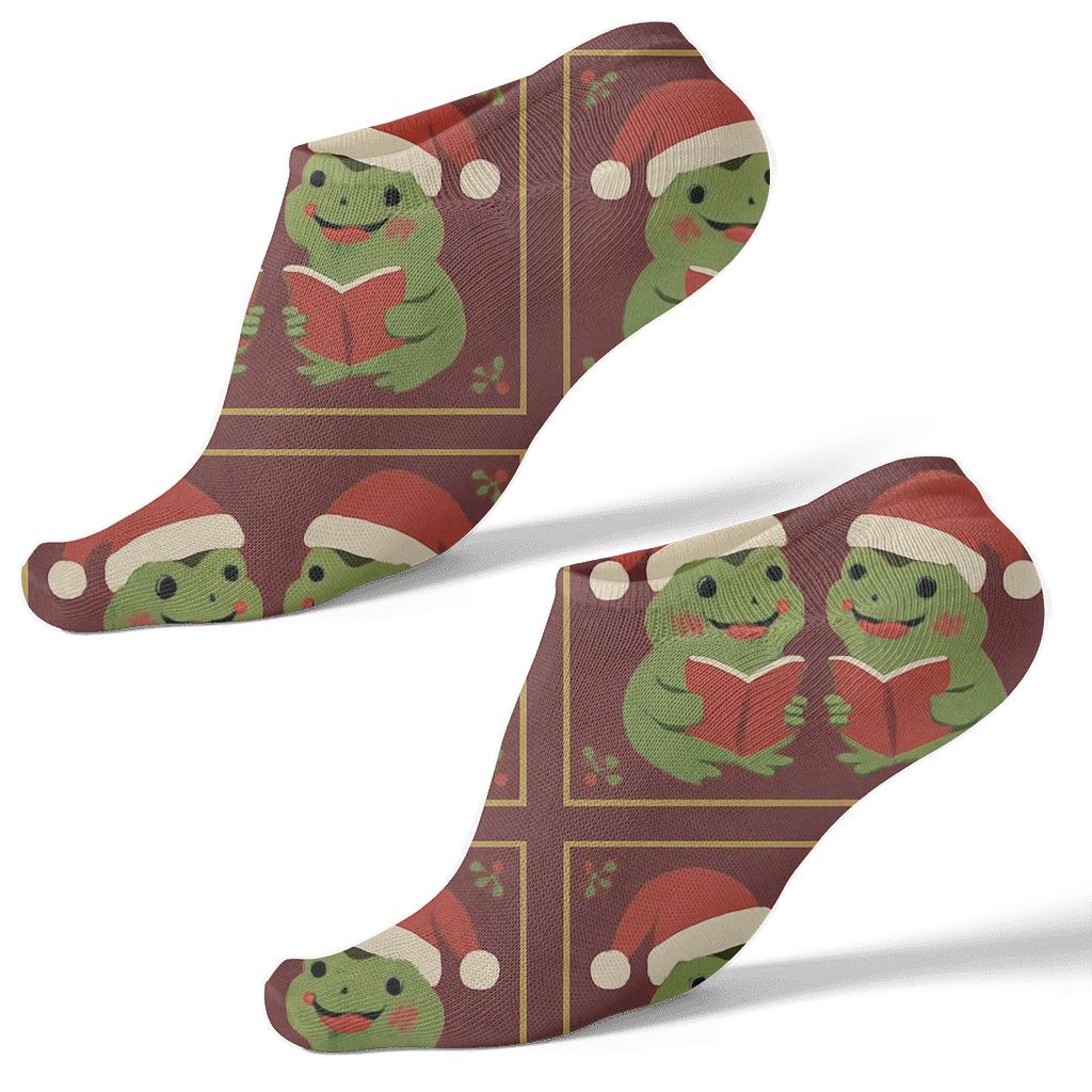 Frog Caroler Mirror Pair Panels On Burgundy Background stylish athletic ankle socks