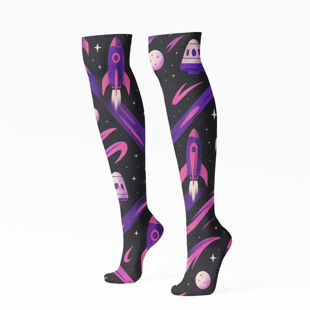 Cosmic Purple Retro Rocket Chevron On Black comfortable cotton knee-high socks
