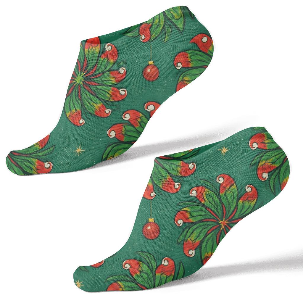Parrot Ornament Spiral Rosettes On Teal Background designer print ankle socks