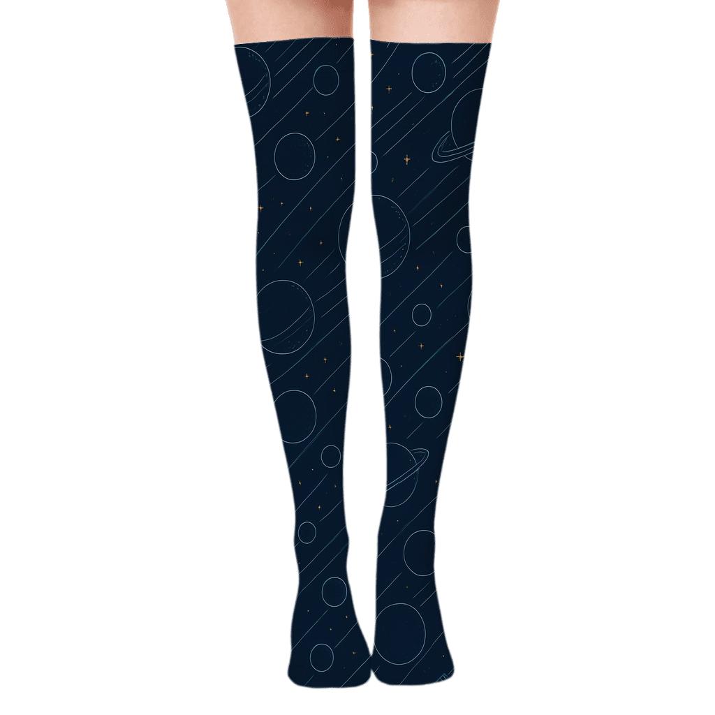 Ionized Teal Orbital Bands Blueprint On Deep Navy designer print over-the-knee socks