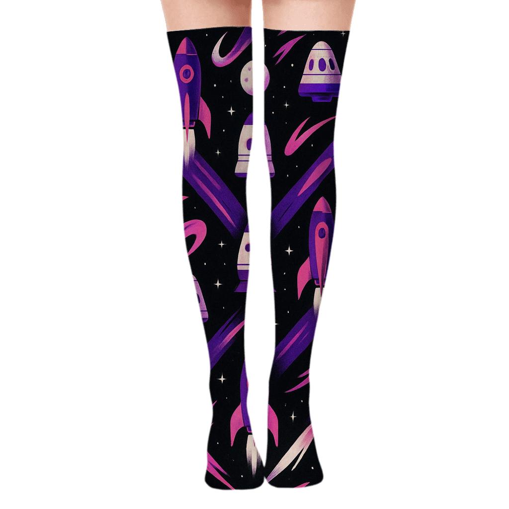 Cosmic Purple Retro Rocket Chevron On Black stylish fashion over-the-knee socks