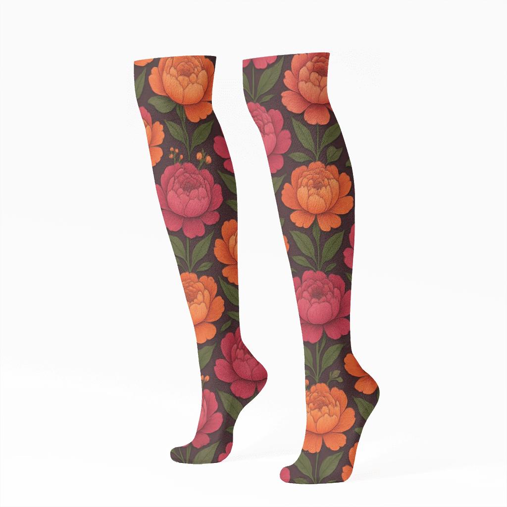 Sunset Peony Chevron On Deep Plum Background soft everyday knee-high socks