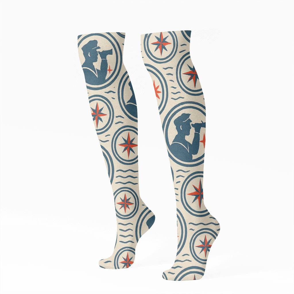 Compass Medallions With Sailor Silhouettes designer print knee-high socks