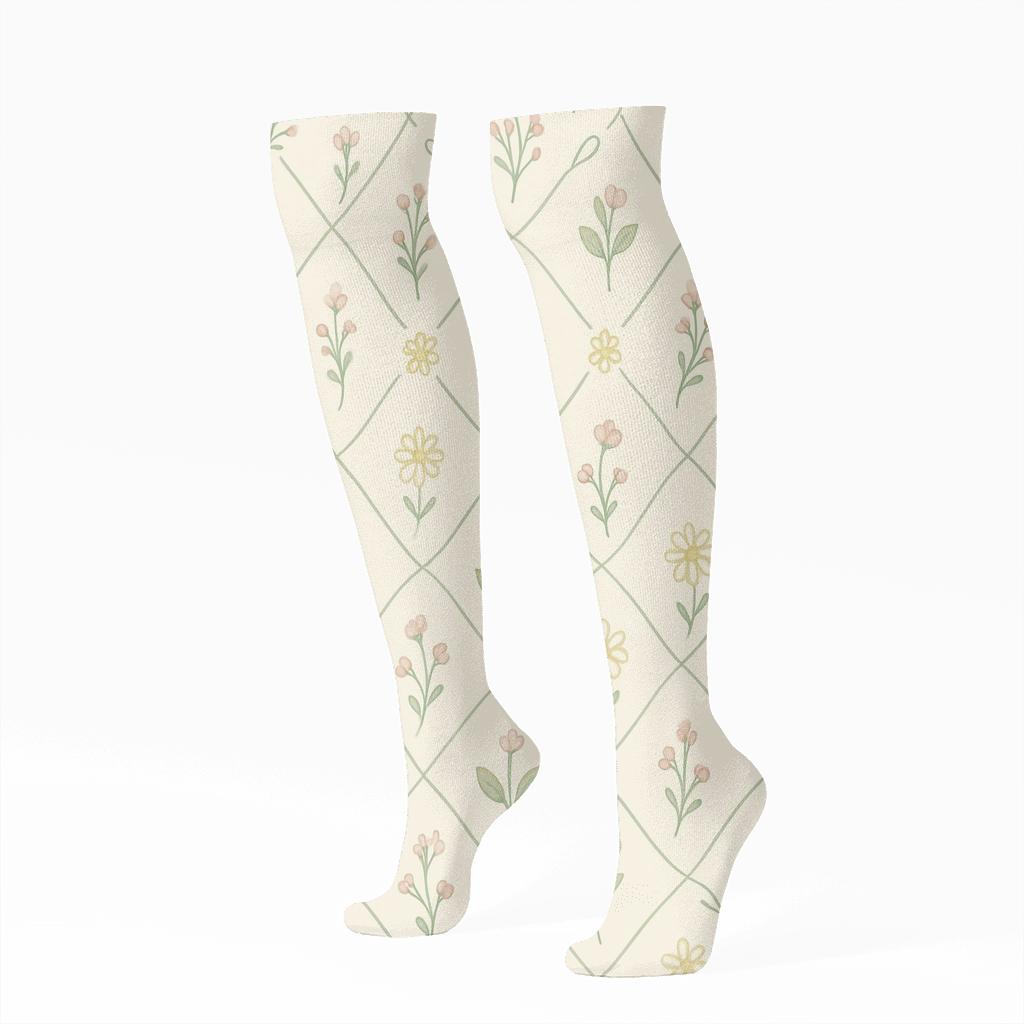 Sage Wildflower Lattice On Warm Ivory Background unique graphic knee-high socks