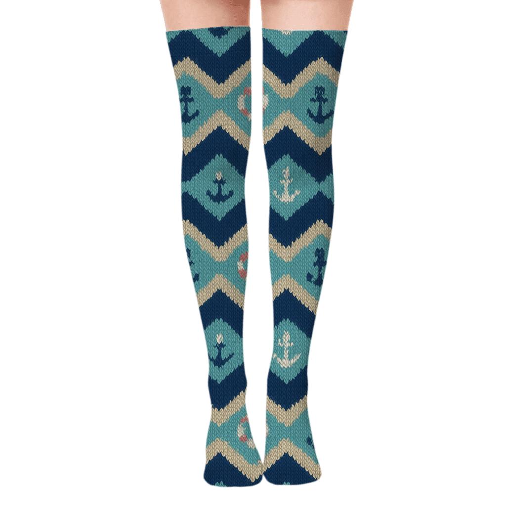 Sailor Knit Illusion Wave Chevron trendy patterned over-the-knee socks