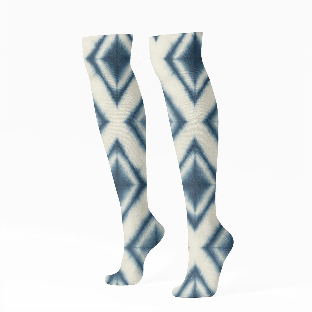Indigo Shibori Diamond Lattice On Ivory Background comfortable cotton knee-high socks