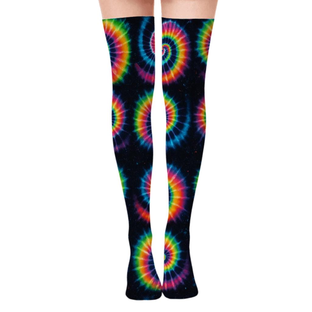Neon Spiral Whorl Tile Grid On Black Background unique graphic over-the-knee socks