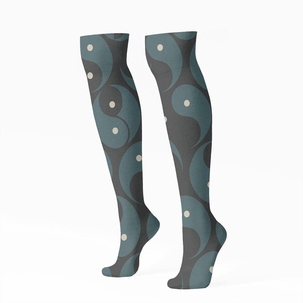 Charcoal And Muted Teal Interlocking Teardrop Tile trendy patterned knee-high socks