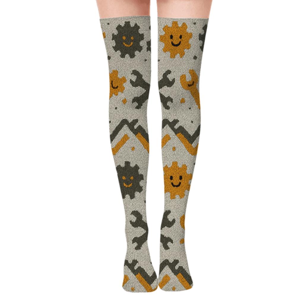 Mechanic Knit Illusion Gear Garland trendy patterned over-the-knee socks
