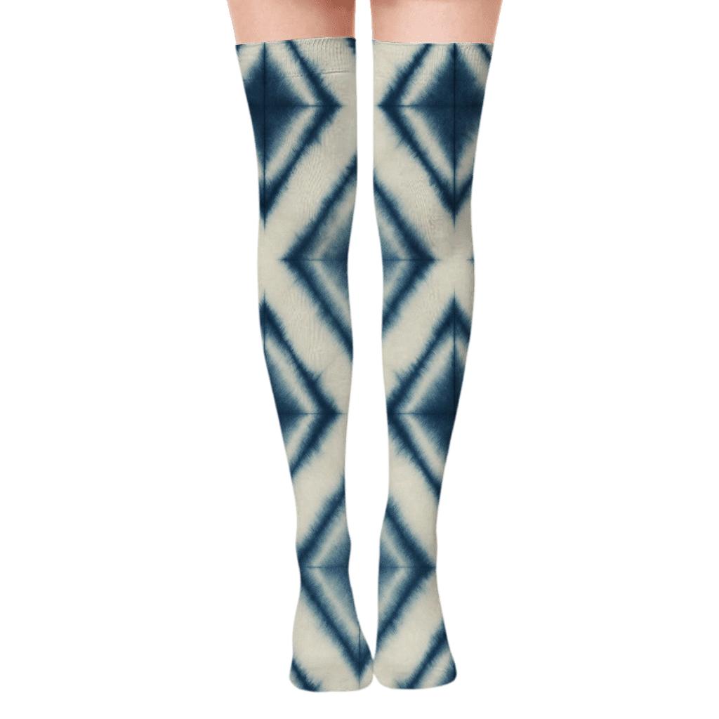 Indigo Shibori Diamond Lattice On Ivory Background designer print over-the-knee socks