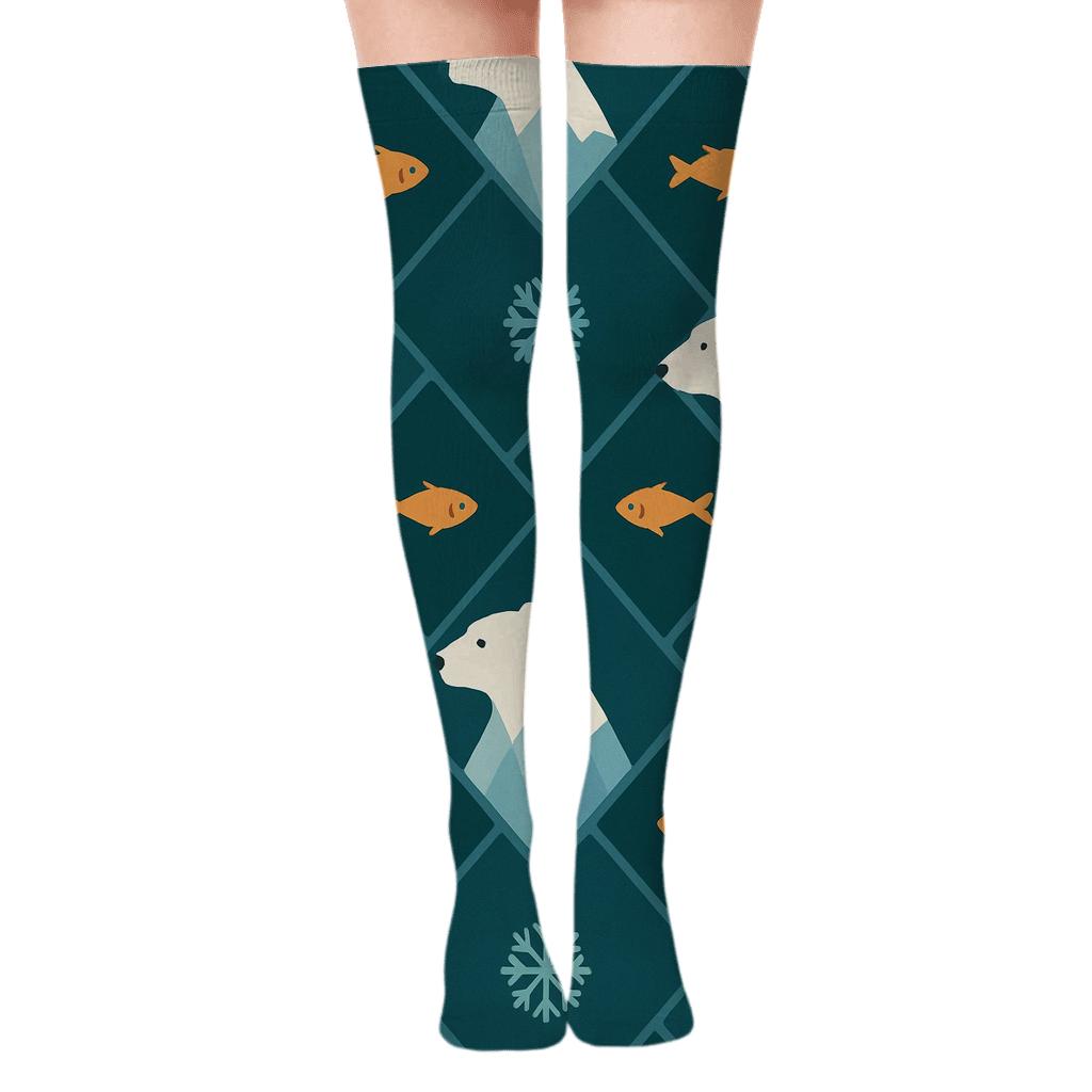 Iceberg Lattice With Polar Bear Silhouettes premium cozy over-the-knee socks
