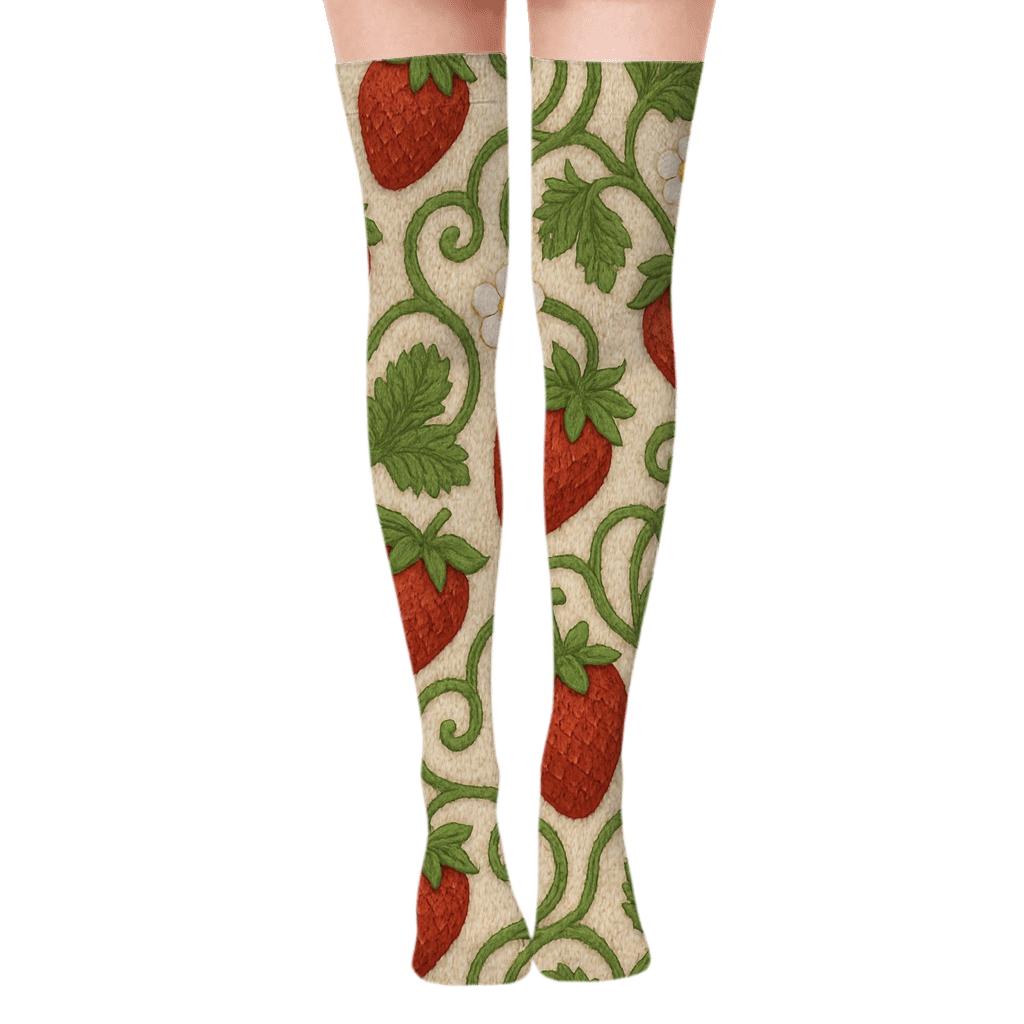 Knitted Strawberry Vine Cable Repeat On Cream Background custom over-the-knee socks