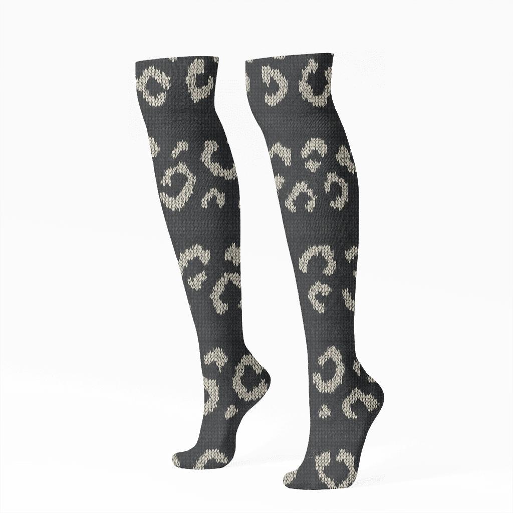 Monochrome Knit Illusion Spot Stripes On Charcoal Background trendy patterned knee-high socks