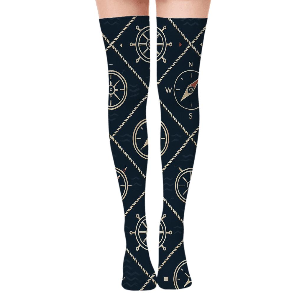 Ropework Lattice With Ship Captain Icons designer print over-the-knee socks