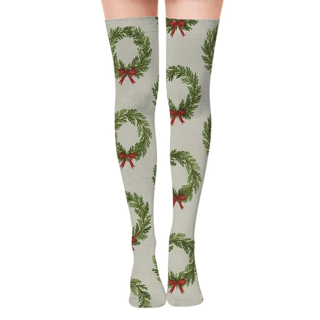 Evergreen Branches Wreath Repeat In Vintage Botanical Poster Look premium cozy over-the-knee socks