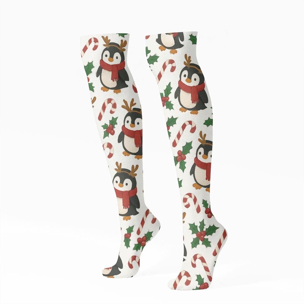 Crimson Reindeer Penguin Diagonal Chevron On Snow White Background designer print knee-high socks