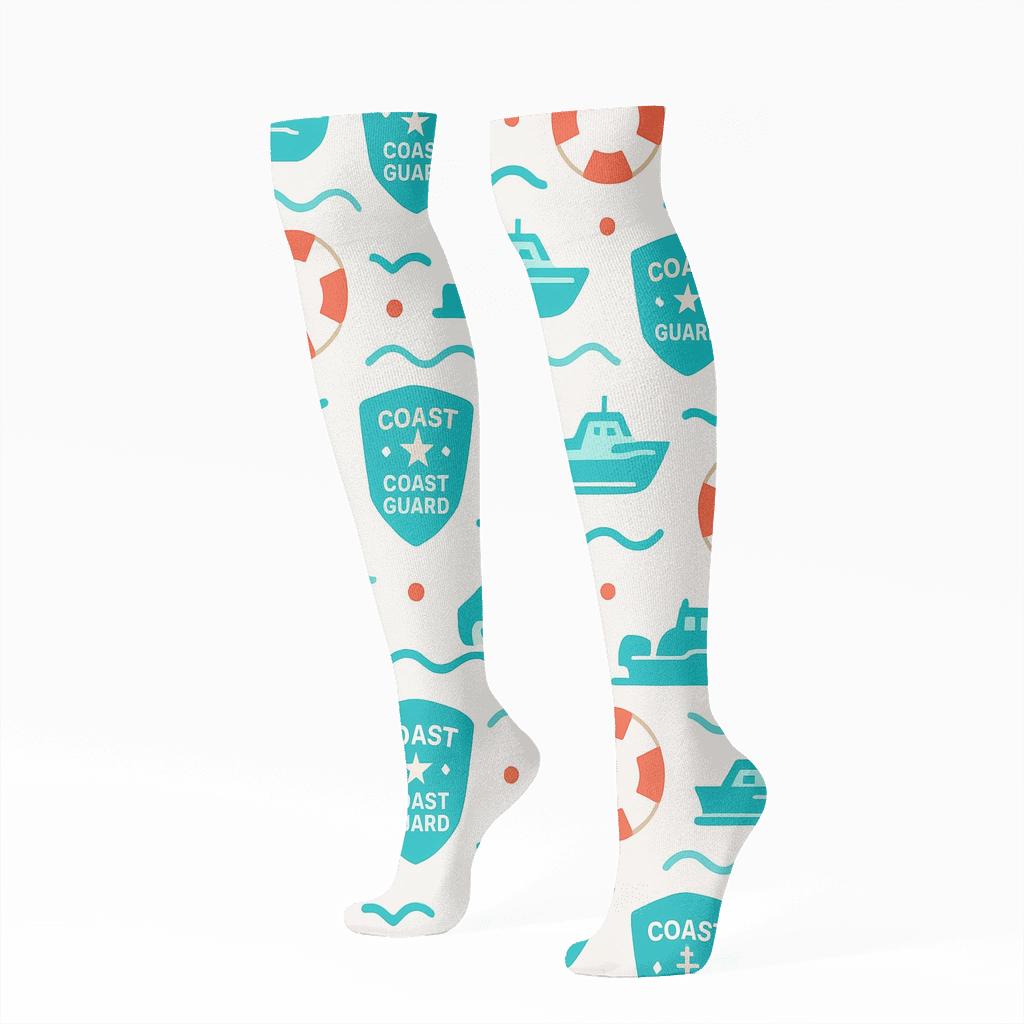 Buoy Grid With Coast Guard Officer Rescue Icons designer print knee-high socks