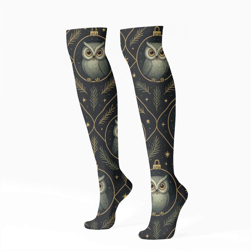 Midnight Blue Owl Ornament Medallion Lattice On Black Background designer print knee-high socks