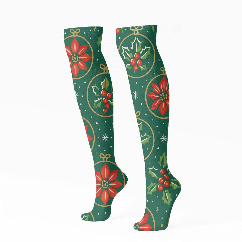 Crimson Poinsettia Ornament Lattice On Pine Green Background trendy patterned knee-high socks