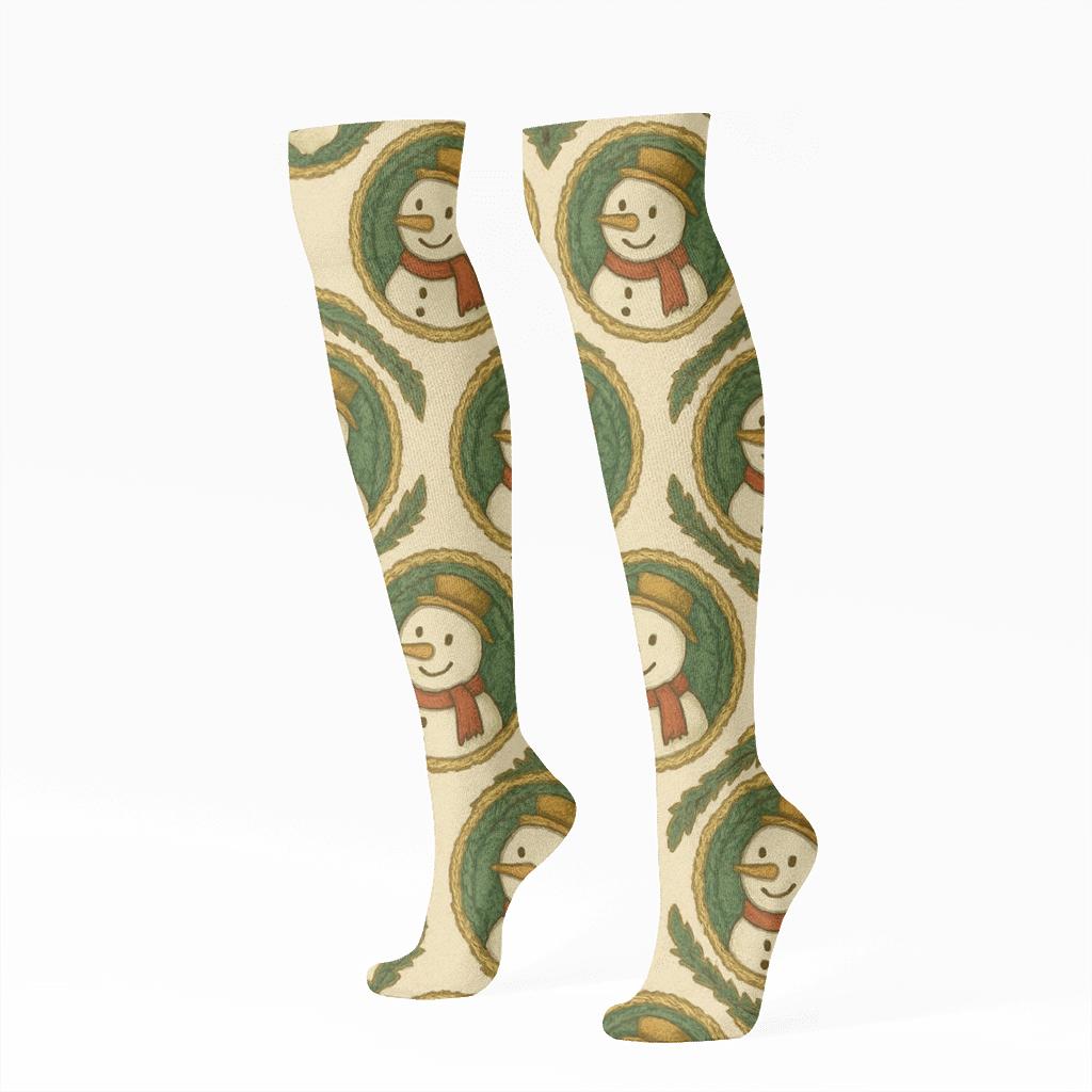 Xmas Snowman Medallions On Ivory Field trendy patterned knee-high socks