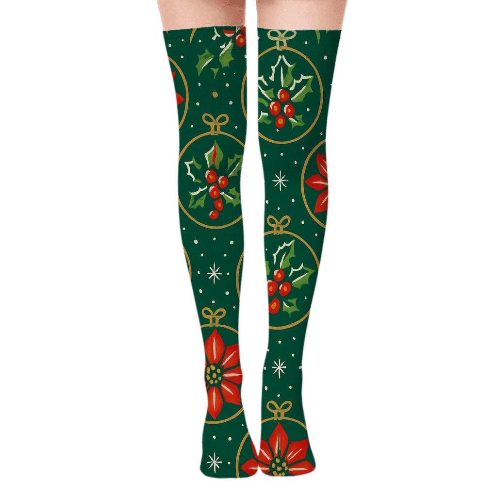 Crimson Poinsettia Ornament Lattice On Pine Green Background soft everyday over-the-knee socks