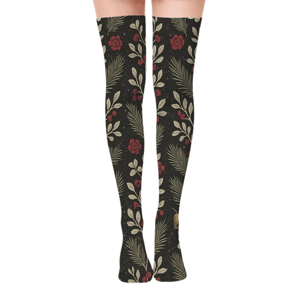 Ivory Mistletoe Cherry Blossom Garland Stripes On Charcoal Background comfortable cotton over-the-knee socks