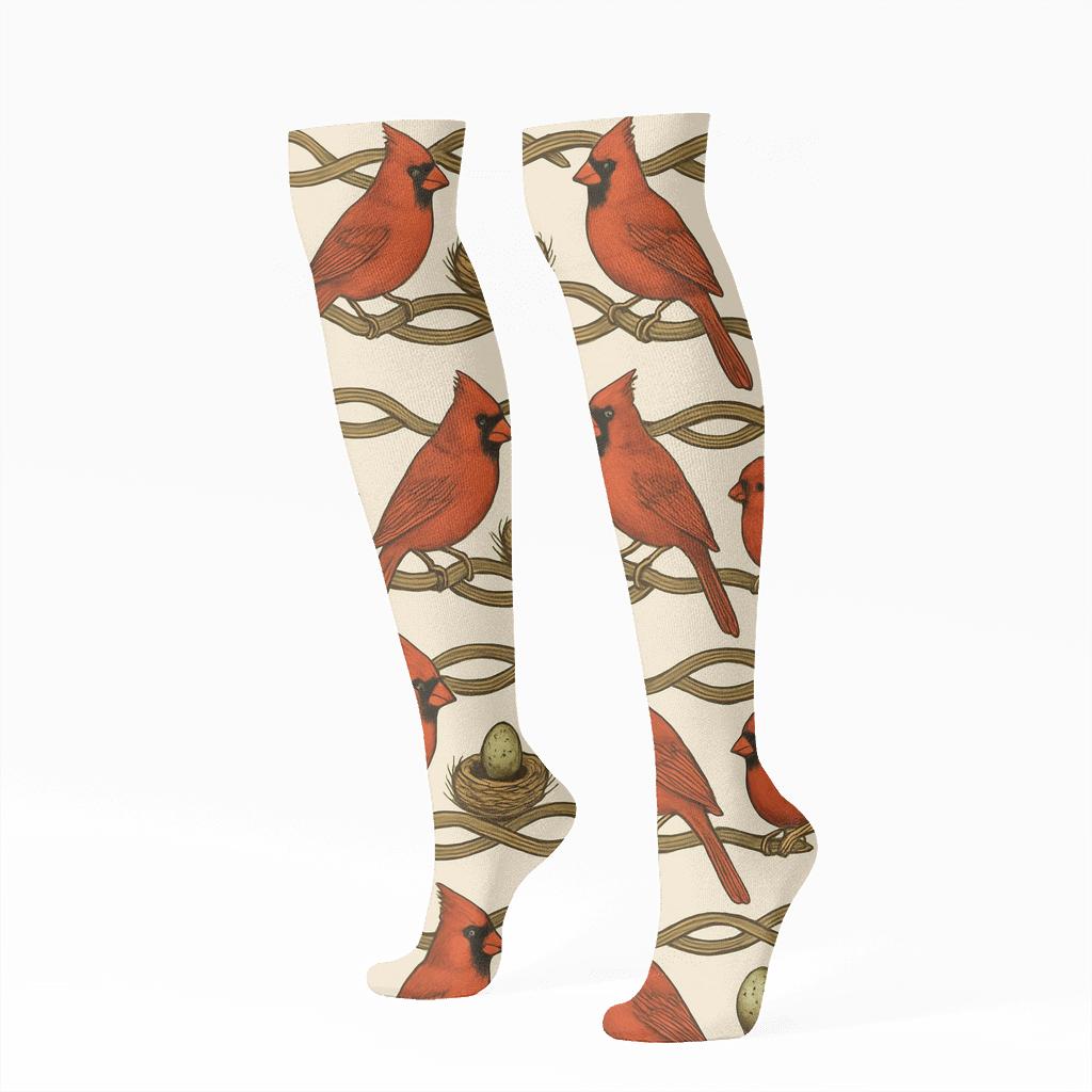 Scarlet Cardinal Branch Braid On Ivory Background trendy patterned knee-high socks