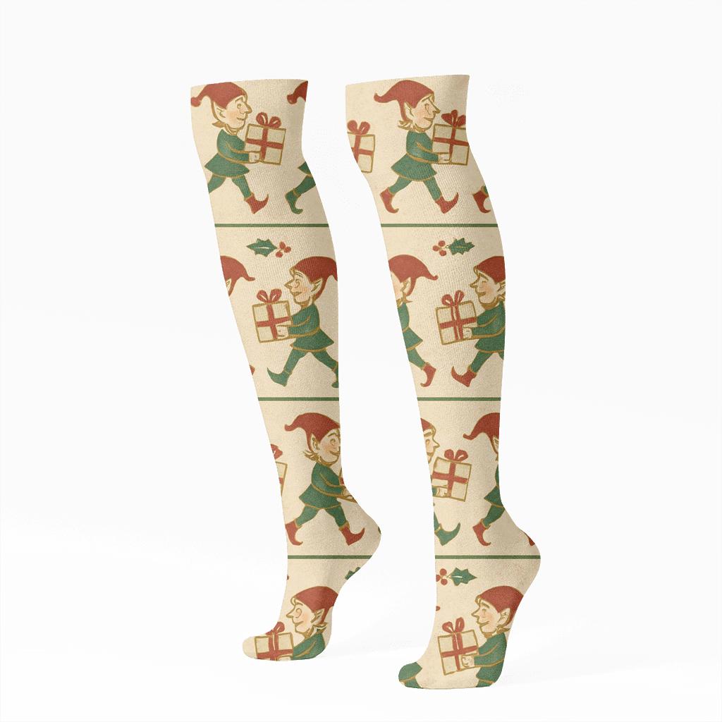 Vintage Poster Elves For Holiday Border Bands trendy patterned knee-high socks
