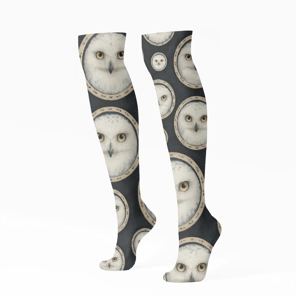 Snowy Owl Portrait Medallions On Black Background personalized knee-high socks