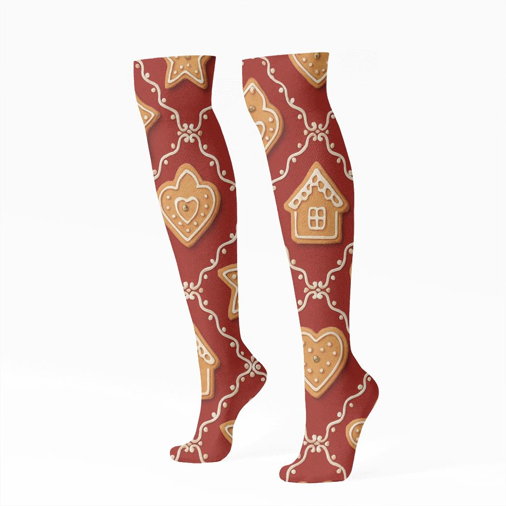Gingerbread Tiles Christmas Lattice On Red unique graphic knee-high socks