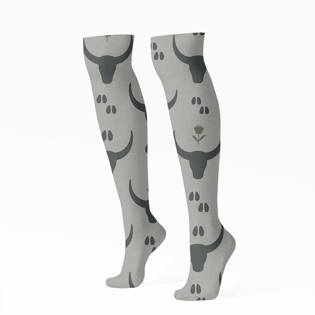Moorland Horn Silhouette Grid, Highland Cow Edition comfortable cotton knee-high socks