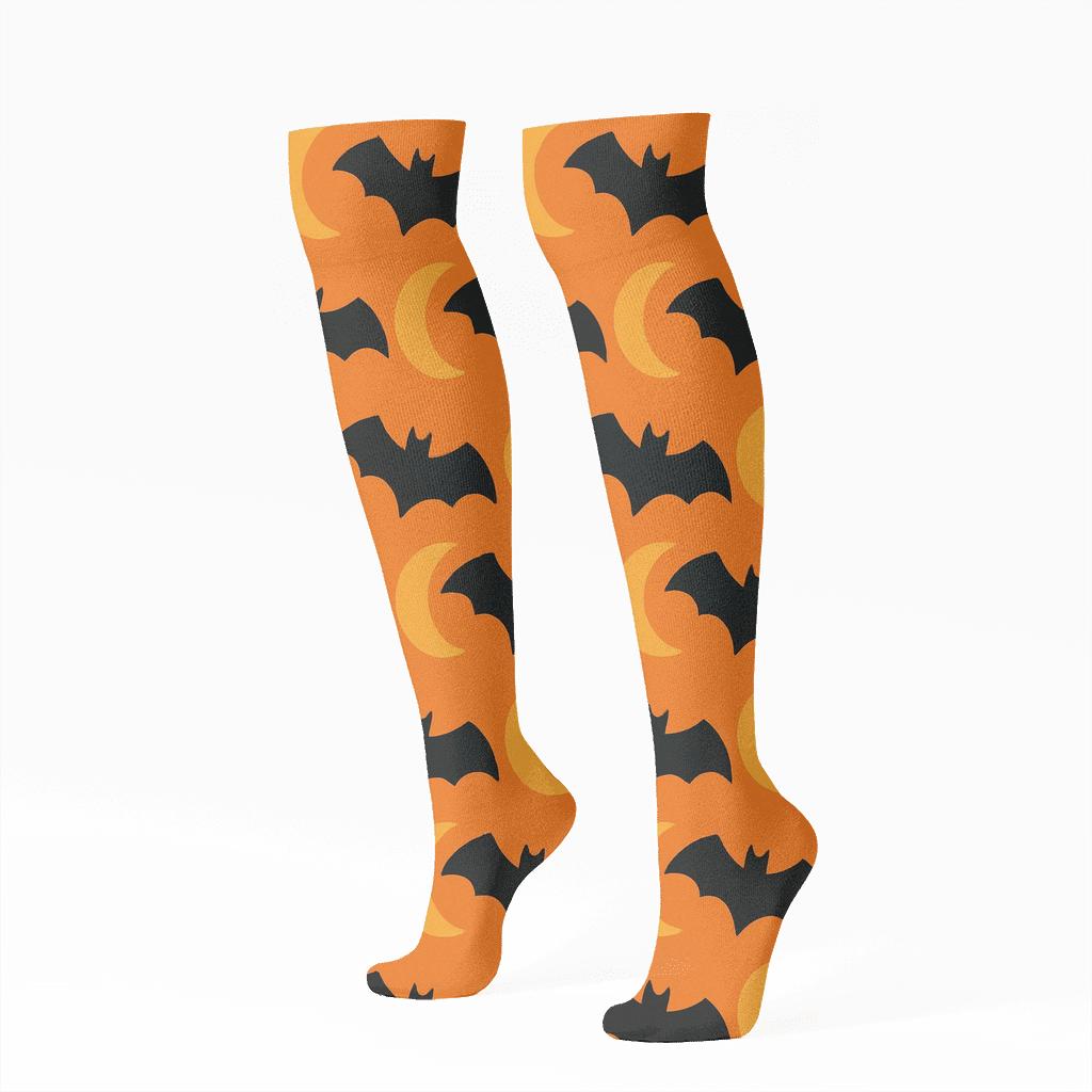 Crescent Moon Glow And Bat Parade On Orange Background designer print knee-high socks