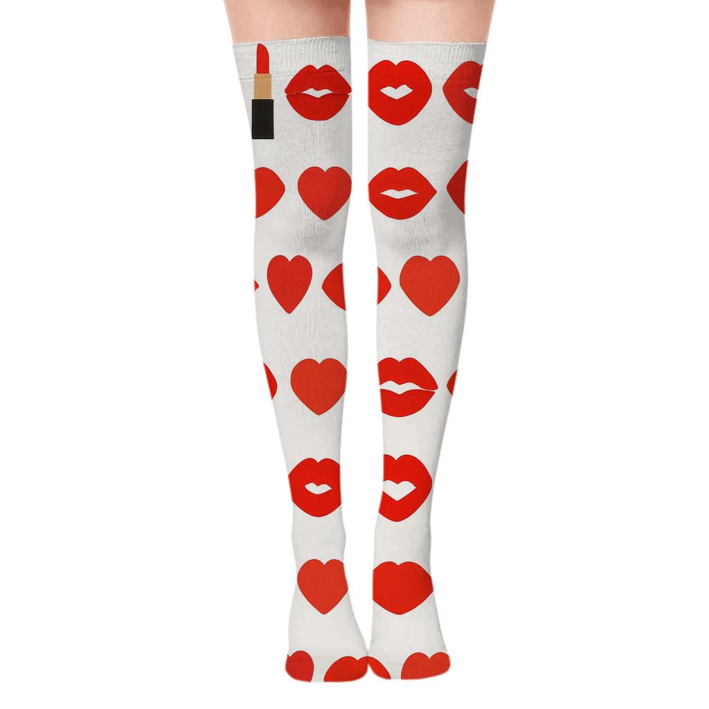 Lipstick Bands On White Background Valentines Lips soft everyday over-the-knee socks