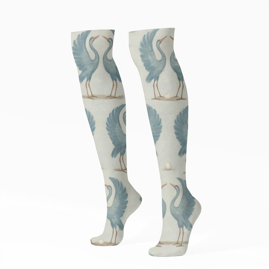 Crane Courtship Mirror Dance On Light Gray Background designer print knee-high socks