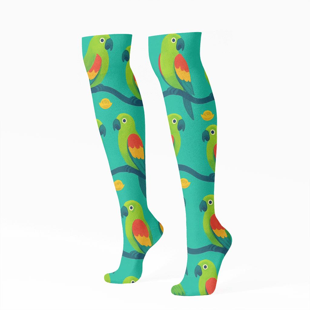 Parrot Perch Wave On Turquoise Background soft everyday knee-high socks