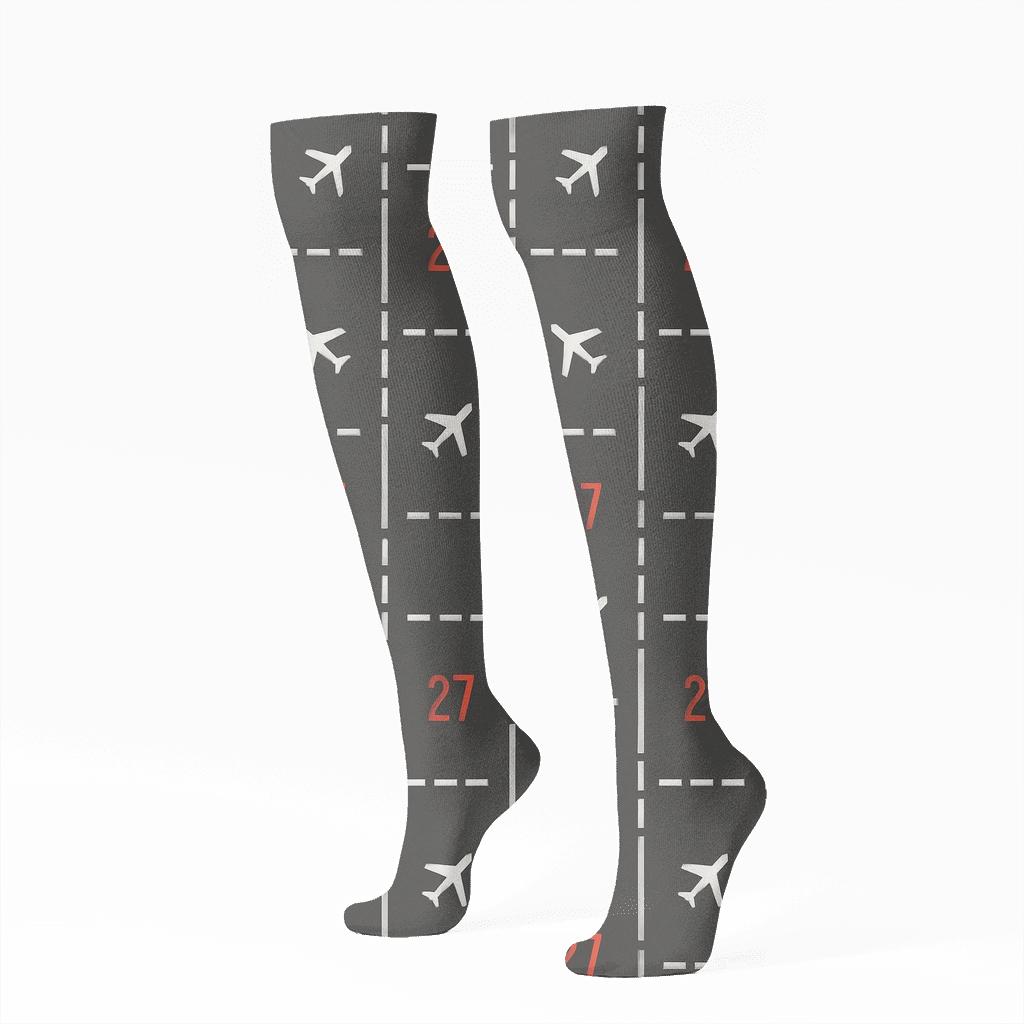Runway Centerline Grid With Airplane Takeoff Marks designer print knee-high socks